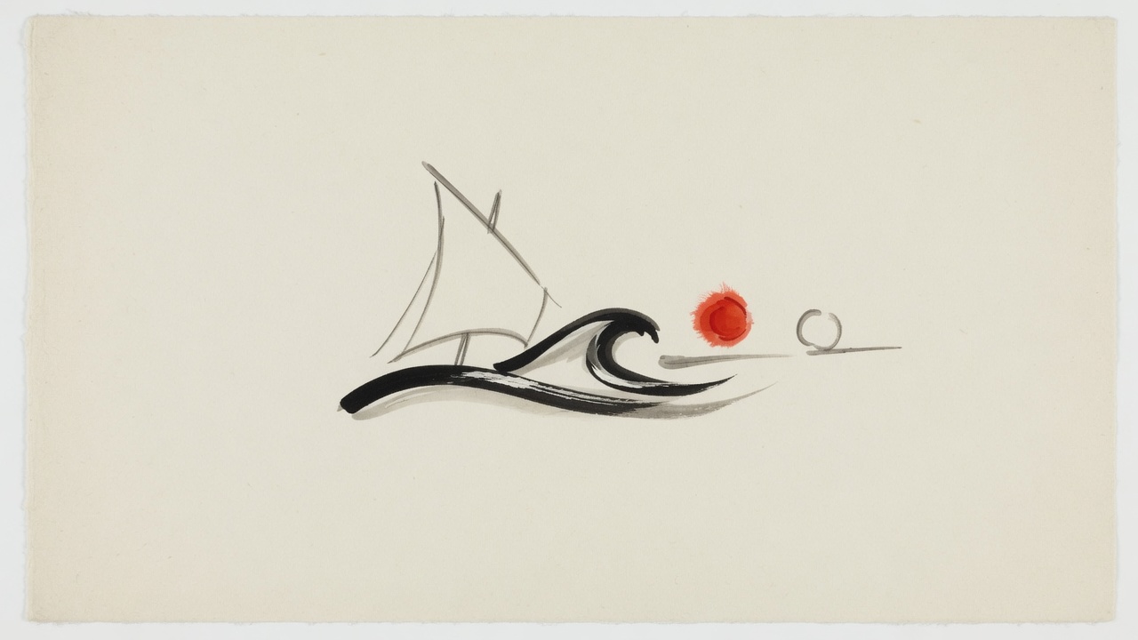 Sumi-e of a sail, a wave, and a red sun over water.